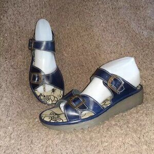 FLY LONDON-ETAN-Navy Blue Leather Slide Sandals-Buckles-Wedge-SZ 41-10.5/11-NEW